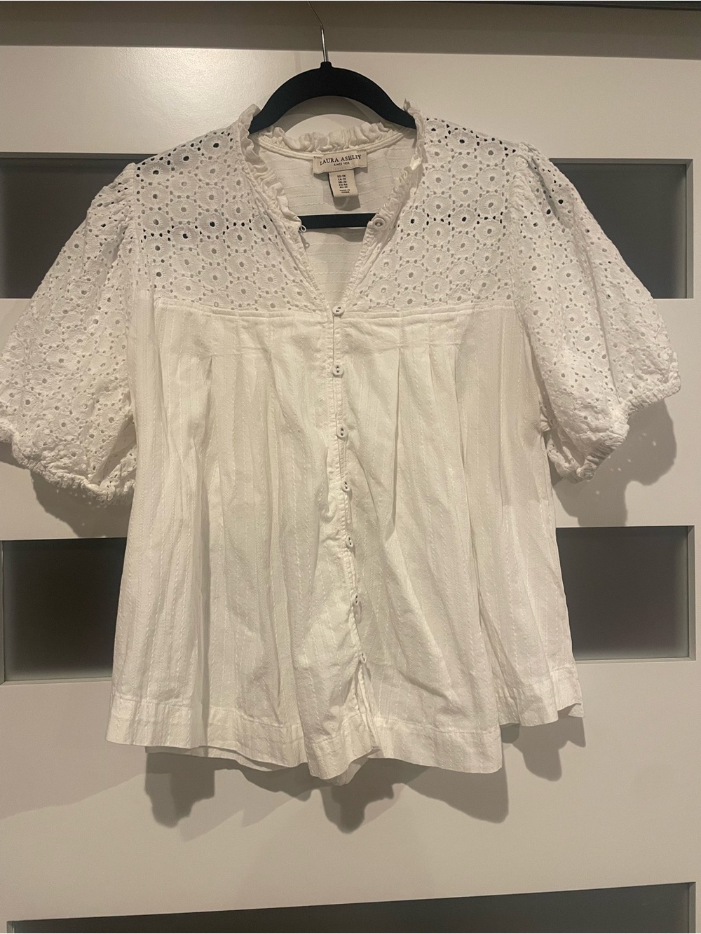 Laura Ashley White Eyelet Puff-Sleeve Button-Up Blouse